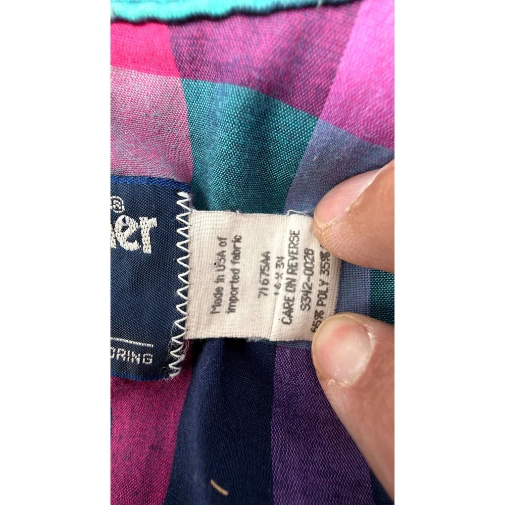 Vintage 90 Wrangler Cowboy Cut Pearl Snap Shirt Mens 16x34 L Teal Pink Plaid USA